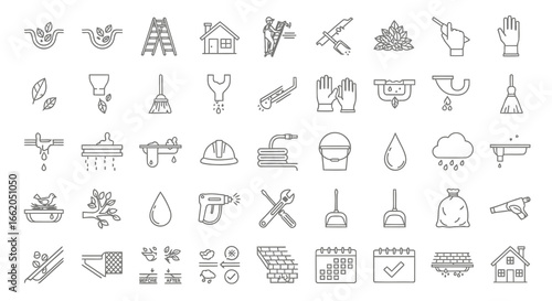 Gardening and Home Maintenance Line Icons Set – Tools, Cleaning, Landscaping, DIY Vector