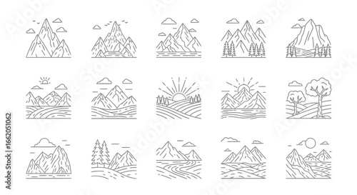 Minimalist black line art grid on white background, showcasing various natural landscapes. Each drawing features distinct mountain shapes, valleys, and outdoor vistas, ideal for projects.