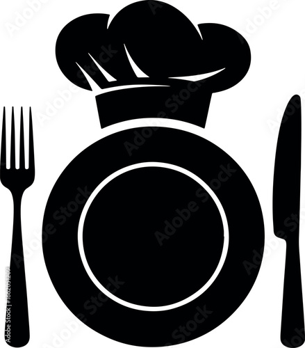 Chef Hat Above Plate With Fork and Knife Symbolizing Culinary Excellence and Fine Dining Experience Black and White Food Service Restaurant