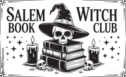 Salem Book Witch Club sign with skull and candles vector, salem, book, witch, club, sign, skull, bones, skeleton, hat, witch hat, books, stack, candles, burning, flame, light, spooky, creepy, gothic, 