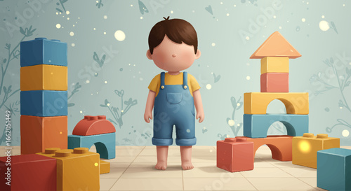 Little Boy Standing Among Colorful Building Blocks Toys