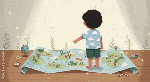 Curious Boy Pointing at World Map Education Discovery