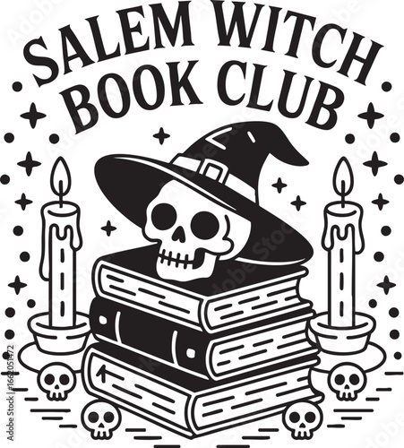 Salem Witch Book Club Skull and Candles Illustration, salem, witch, book club, skull, witch hat, books, stack of books, candles, candlelight, flames, skulls, stars, dots, spooky, halloween, gothic, oc
