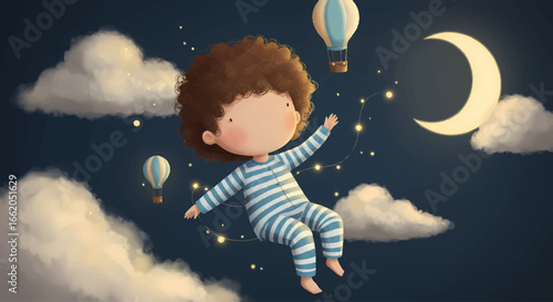 Dreamy Toddler Boy in Pajamas Watching Moon and Balloons