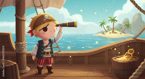 Adventurous Boy Pirate with Telescope on Ship Island