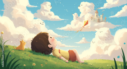 Happy Child Flying Kite on Grassy Hillside with Fantasy Castle