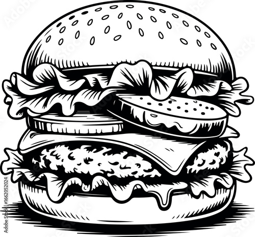 Delicious Burger Illustration in Black and White Classic American Fast Food Detailed Drawing Graphic Design Element Hamburger Sandwich
