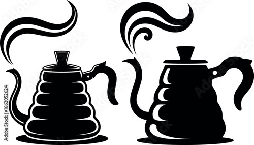 Elegant Gooseneck Kettle Illustration with Steam for Pour Over Coffee Preparation and Artistic Beverage Presentation Vector Design