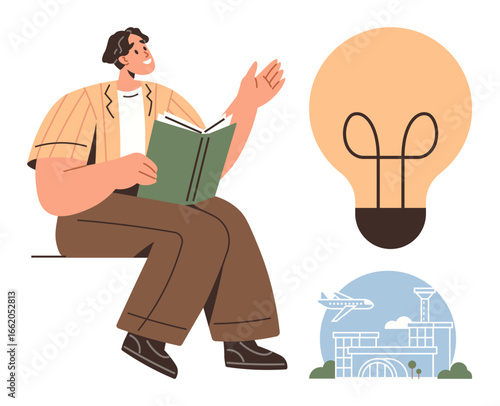 Person sitting with open book, large light bulb symbolizing ideas, airplane, airport scene representing travel and exploration. Ideal for education, creativity, inspiration, global thinking, travel