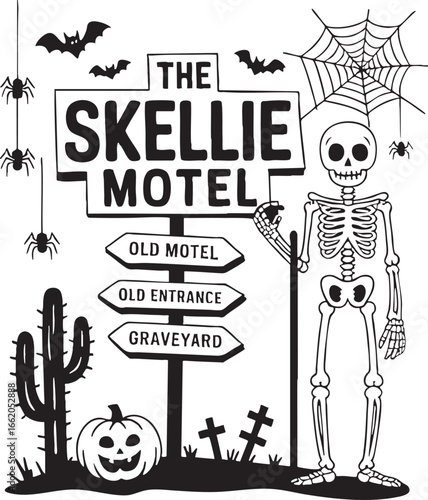 The Skellie Motel Halloween Sign with Skeleton and Pumpkin, halloween, skellie motel, skeleton, motel sign, pumpkin, cactus, bats, spider web, spiders, graveyard, old entrance, old motel, directional 