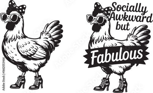 Two stylish chickens wearing sunglasses and high heels with text, chicken, hen, bird, fowl, poultry, farm animal, animal, stylish, fashionable, chic, cool, sunglasses, high heels, shoes, fashion, glam
