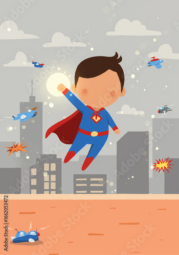 Courageous Boy Superhero Flying Over City Skyline Hand Drawn Art