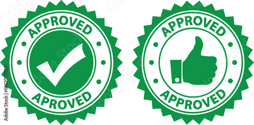 Approved stamps with check mark and thumbs up seal, approved, stamp, seal, badge, icon, symbol, check, mark, tick, thumbs up, yes, ok, confirmation, agreement, success, quality, guarantee, certificati