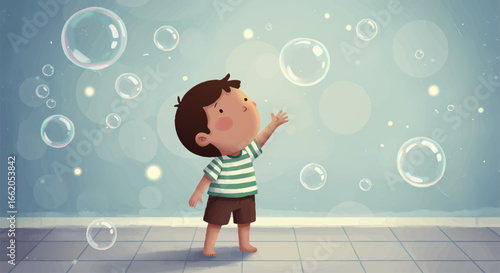 Happy Boy Playing with Floating Bubbles Hand Drawn Fun
