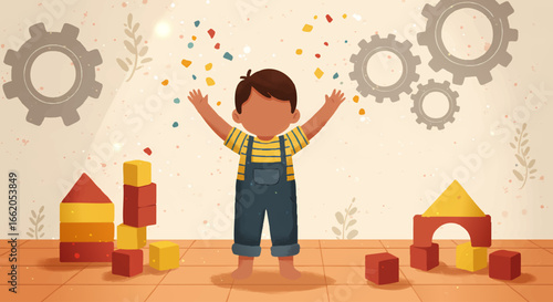 Happy Boy Playing with Colorful Building Blocks and Gears Hand Drawn