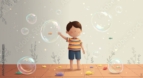 Playful Boy Enjoying Bubbles and Fantastical Fish Underwater World