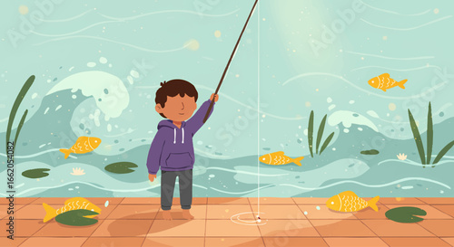 Young Boy Fishing Serenely in a Whimsical Lake with Golden Fish
