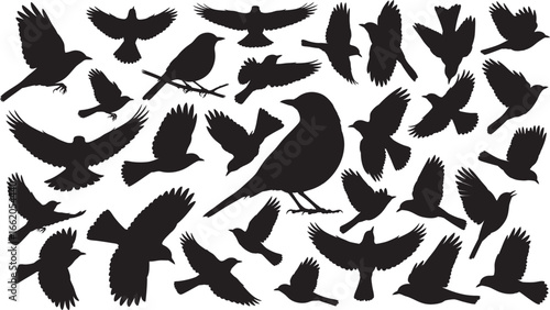 American Robin Silhouette Vector Set, Flying Robin Bird Silhouette Collection, Perching and Flying Robin Silhouettes, Black and White Bird Silhouette Pack, American Robin in Flight Vector Set