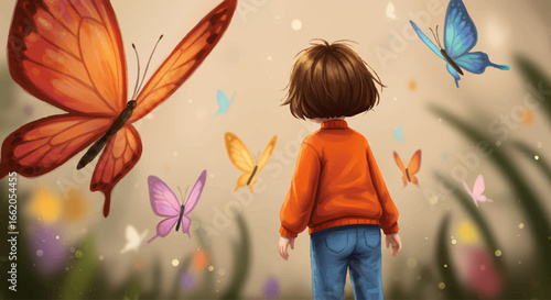 Curious Girl Watching Colorful Butterflies in a Gentle Garden Scene