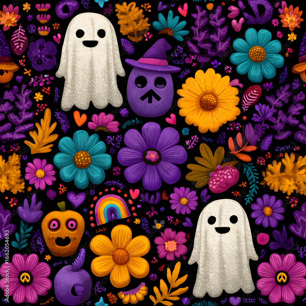 Retro 70s 60s Hippie Groovy Halloween Ghost Flower Rainbow vector seamless pattern. Flower power peace sign shades witch hat spook background. Trippy dancing ghost surface design. Retro 70s 60s Hippie Groovy Halloween Ghost Flower Rainbow vector seamless pattern. Flower power peace sign shades witch hat spook background. Trippy dancing ghost surface design.