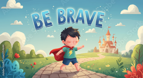 Courageous Boy Being Brave on a Path Towards a Fantasy Castle