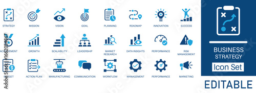 Business Strategy and Planning solid icon set. Includes icons for Mission, Vision, Roadmap, and Risk Management. Modern glyph vector symbols for corporate development and success.