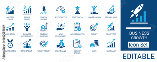 Business Growth and Success icon set. Includes icons for Profit Chart, Startup Rocket, Revenue Increase, and Achievement. Modern flat vector symbols for finance, investment, and successful startups.