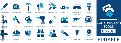 Construction Tools and Building Equipment icon set. Includes Hammer, Drill, Circular Saw, and Hard Hat symbols. Solid glyph vector icons for building, repair, safety, and DIY projects.