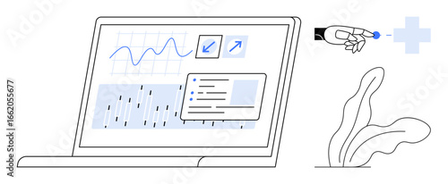 Laptop screen displaying graphs, data charts, and AI controls with a robotic hand adding a healthcare icon. Ideal for AI, analytics, healthcare, data integration, innovation, automation simple flat