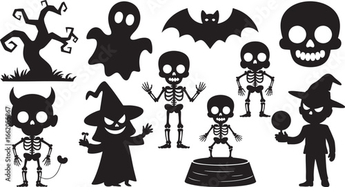 Halloween spooky characters silhouette collection ghost, halloween, ghost, bat, skeleton, skull, witch, devil, spooky, scary, creepy, cartoon, cute, silhouette, black and white, illustration, graphic,