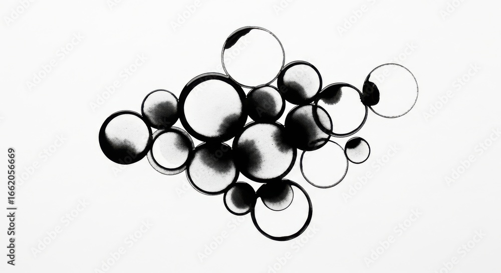 Fototapeta premium Abstract monochrome composition of overlapping circles with gradient fills on a white background, evocative of cellular structures