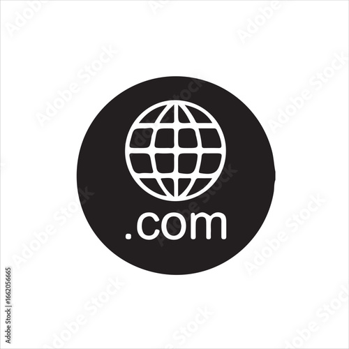 Globe icon with com isolated on white background, representing the internet