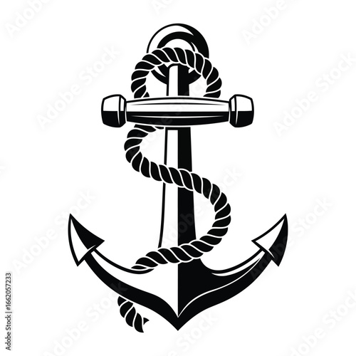 Vector art of a classic black and white illustration of a nautical anchor with a thick rope