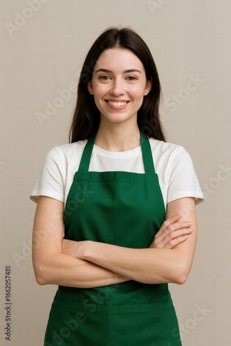 Smiling young woman in green apron and white t shirt standing with arms crossed against neutral background