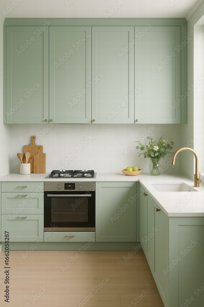 Fototapeta premium Bright modern kitchen interior with light green cabinets white countertop oven sink and natural decor