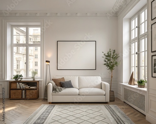 Elegant Living Room Interior Design White Sofa Large Windows Minimalist Decor