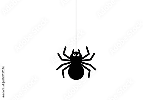 Cute cartoon black spider hanging from a web on a white background