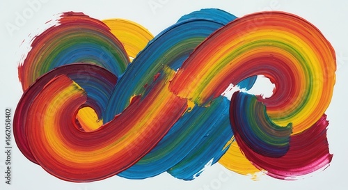 Bold, vivid paint strokes in an infinity shape, blending primary & secondary colors on a bright white background
