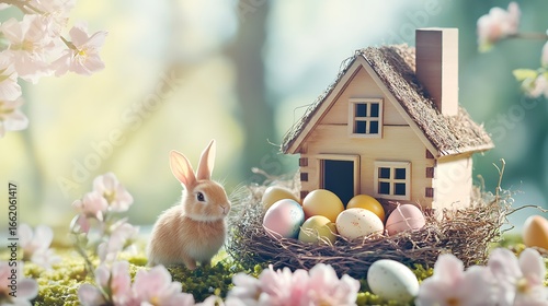 Adorable easter bunny with decorated eggs nestled near a charming wooden house photo