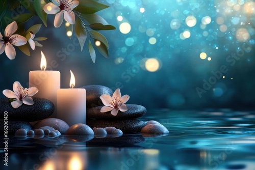 Serene Tranquility: Zen Garden with Candles and Blossoms Reflecting in Still Water