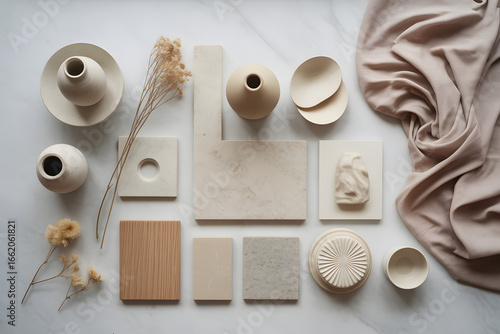 Overhead view of earth tone ceramic sculptures and textiles arranged artistically