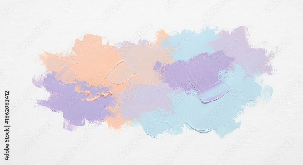 Obraz premium Pastel paint swatches in peach, lavender, and blue arranged horizontally on a clean, white surface