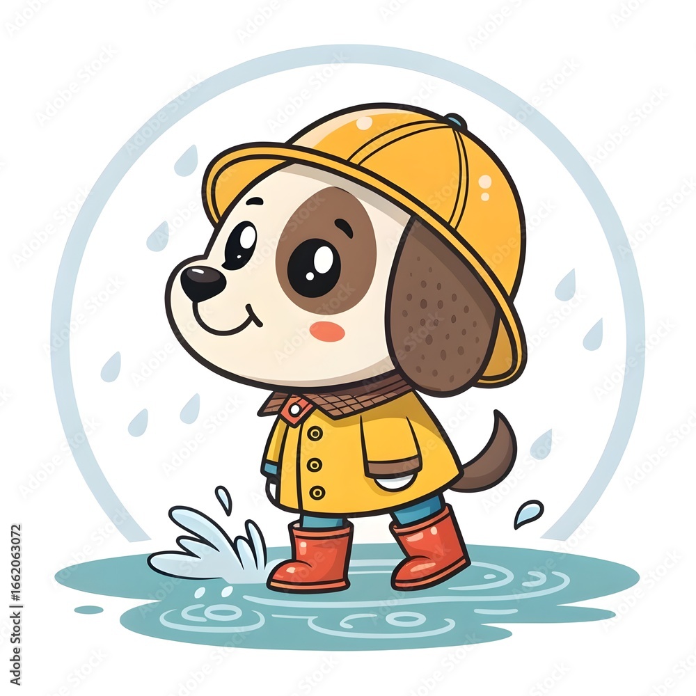 Fototapeta premium Adorable Chibi Pup Splashing In A Puddle While Wearing Rain Boots, Cute Kawaii Dog Cartoon Illustration Perfect For Playful Kids Art, Nursery Decor, Stickers, And Whimsical Designs