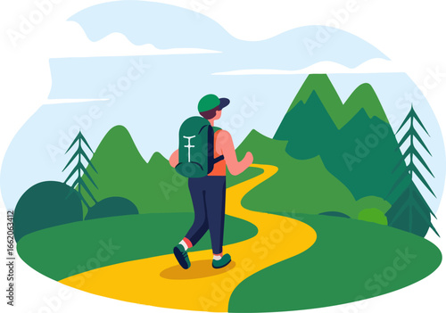 Hiker on a Path with Mountains Illustration. Cartoon Style Vector Illustration