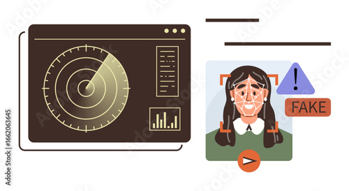Facial recognition verifies a face against potential deepfake with warning icons, radar, and charts. Ideal for AI technology, cybersecurity, fraud detection, deepfakes, digital privacy, tech ethics