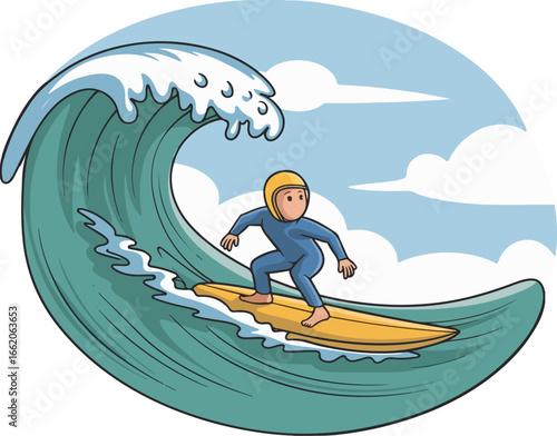 Title: Cartoon Surfer on a Large Wave Vector Illustration