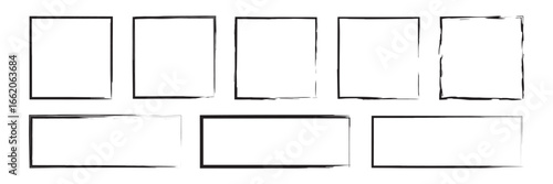 Set of grunge square and rectangle frames. Black ink empty boxes and rectangle borders collection. Vector illustration isolated on a white background.