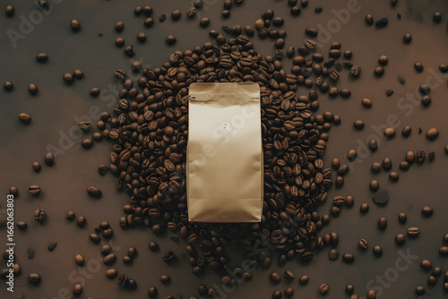 Overhead view of a golden coffee bag surrounded by roasted coffee beans on a textured surface