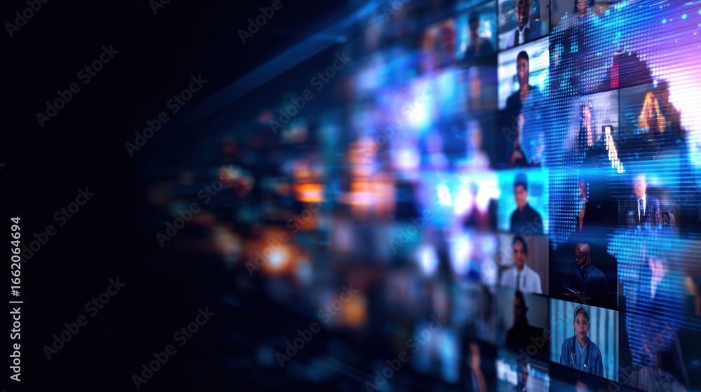 Fototapeta premium A vibrant digital collage of diverse people engaged in video conferencing, showcasing technology's impact