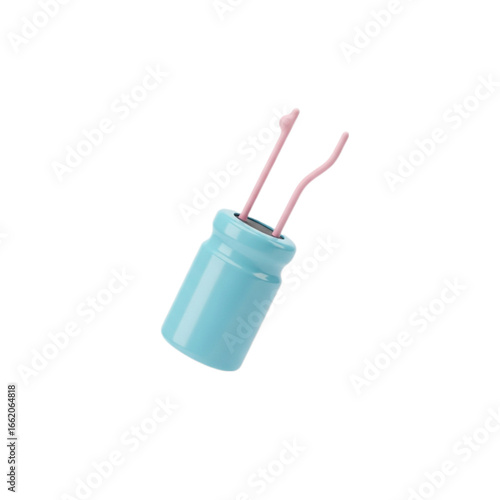 Small blue electrolytic capacitor with two leads isolated on transparent background